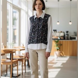 Isaac Mizrahi Black and Light Silver hue Shirt Colorful holiday Accents Sz 8